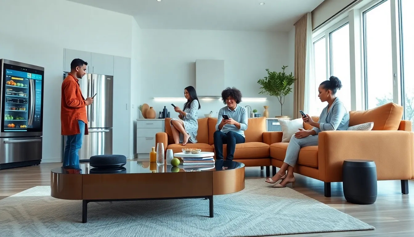 Diverse family interacting with smart home technology in a modern living room.