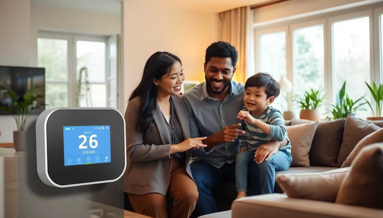 family discussing smart home energy efficiency features in a modern living room.