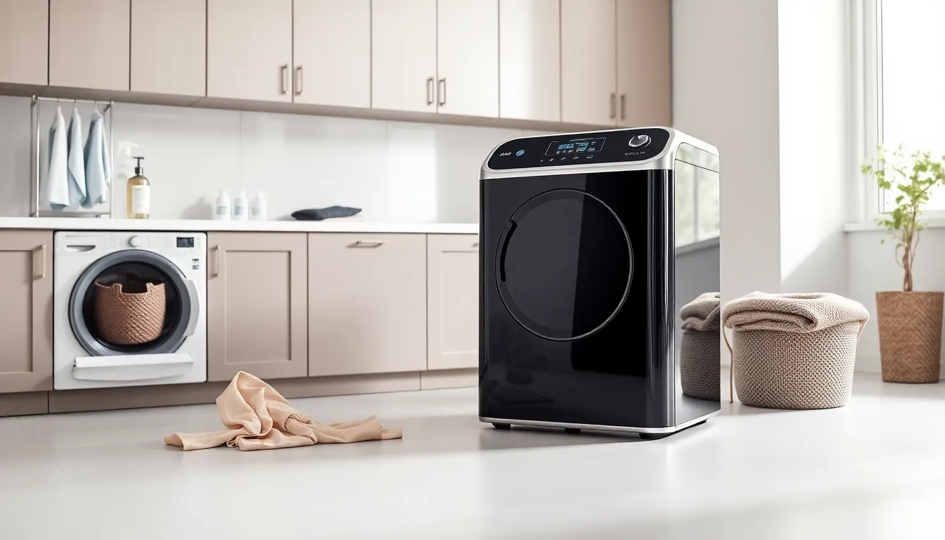modern home dry cleaning machine in a tidy laundry room.