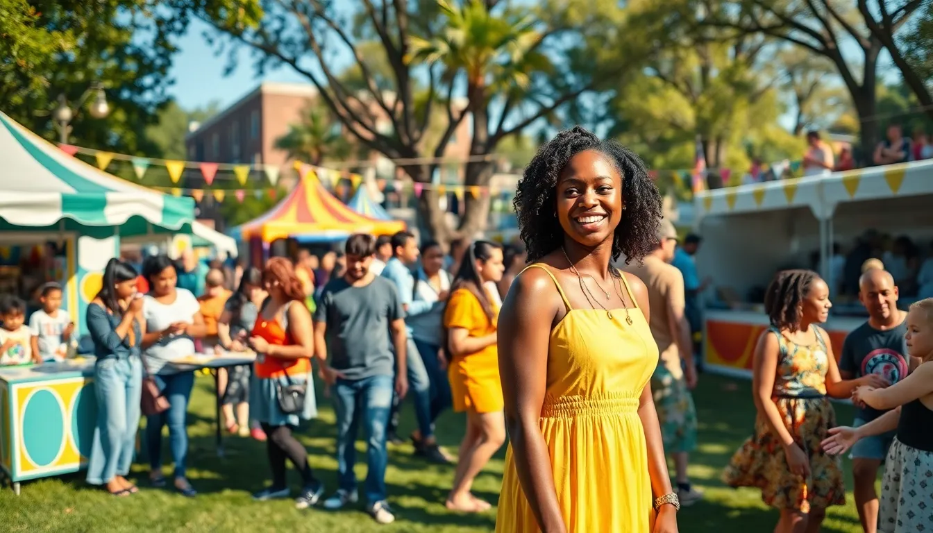 A community fair with diverse people enjoying activities in a sunny park.
